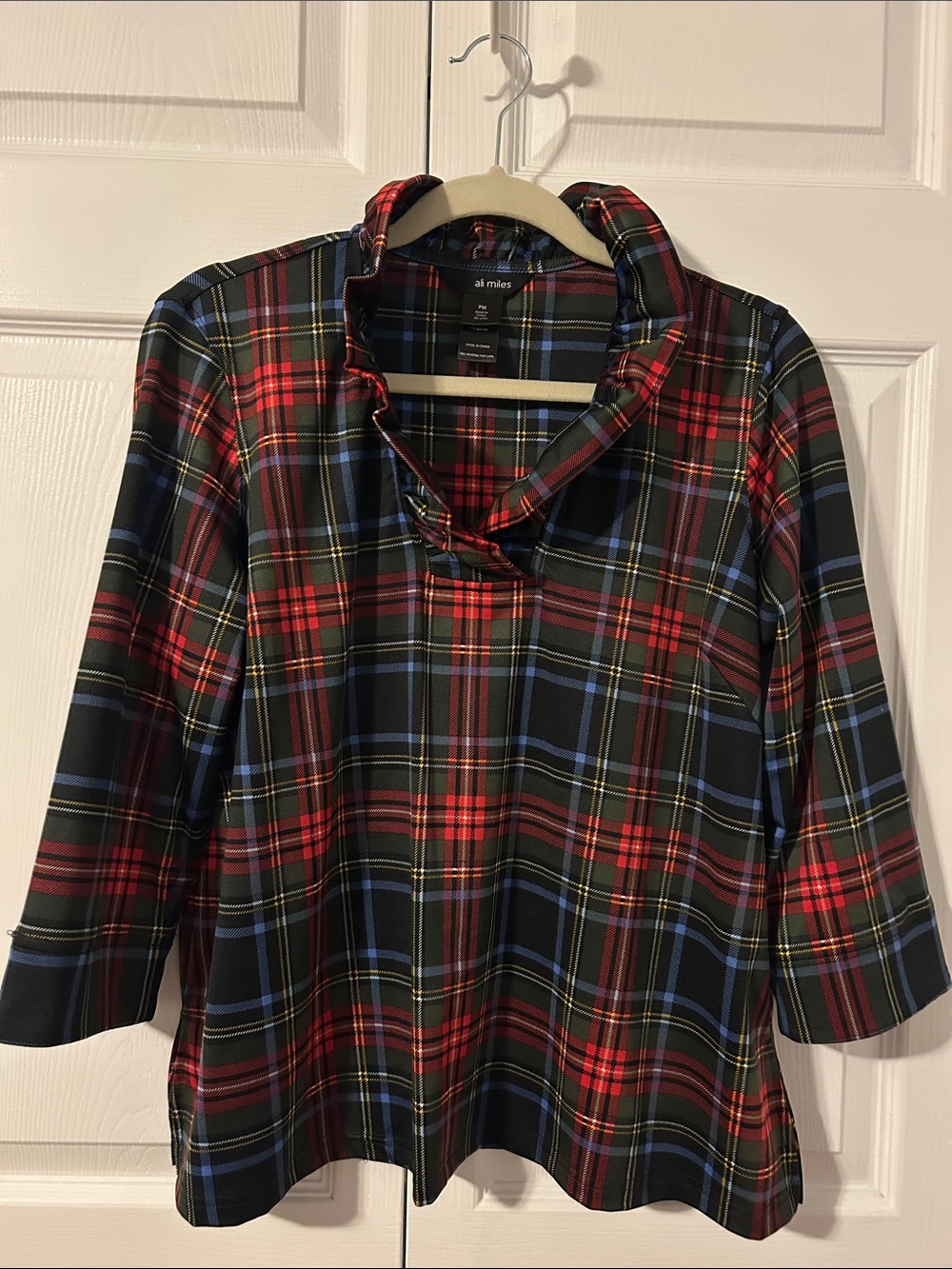 Ali Miles Red and Blue Plaid Ruffle-Neck Blouse
